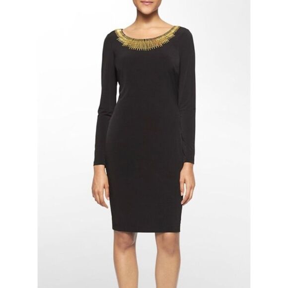 Calvin Klein women’s gold beaded embroidered knee length dress size 4P - Picture 1 of 5
